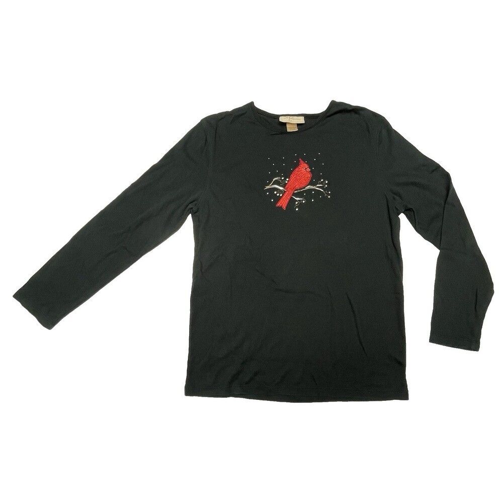 M&C Sportswear Women's Black Long Sleeve Red Metallic Cardinal Christmas Sz. XL